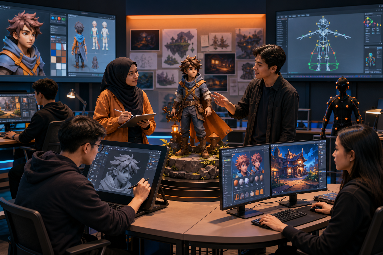 Digital artists creating and refining an original 3D game character in a professional studio
