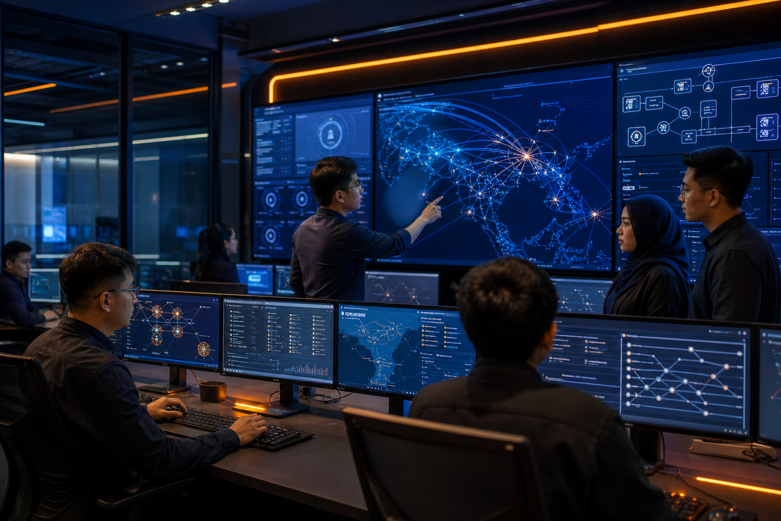 Cybersecurity analysts monitoring and protecting digital infrastructure in a security operations centre