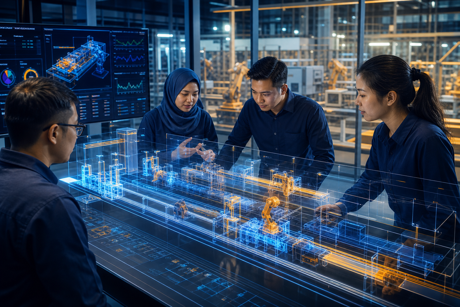 Engineers analysing a digital twin of an automated manufacturing system
