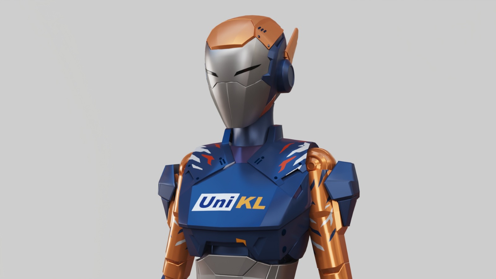 UniKL artificial intelligence ambassador in navy blue and orange armour